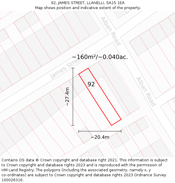 92, JAMES STREET, LLANELLI, SA15 1EA: Plot and title map