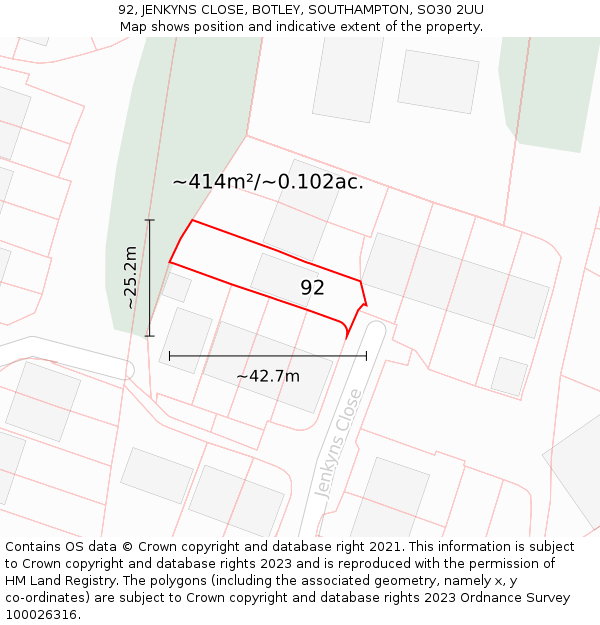 92, JENKYNS CLOSE, BOTLEY, SOUTHAMPTON, SO30 2UU: Plot and title map