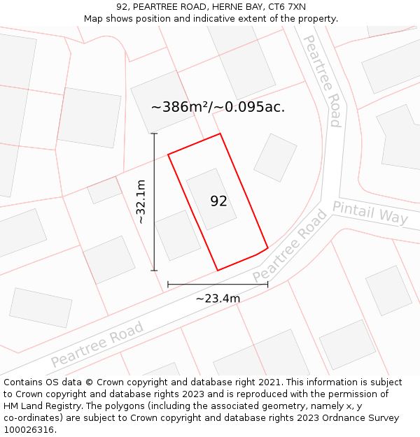 92, PEARTREE ROAD, HERNE BAY, CT6 7XN: Plot and title map