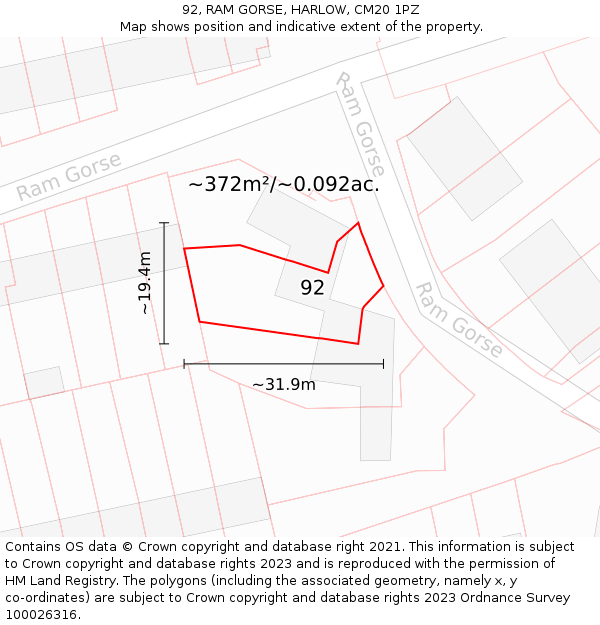 92, RAM GORSE, HARLOW, CM20 1PZ: Plot and title map