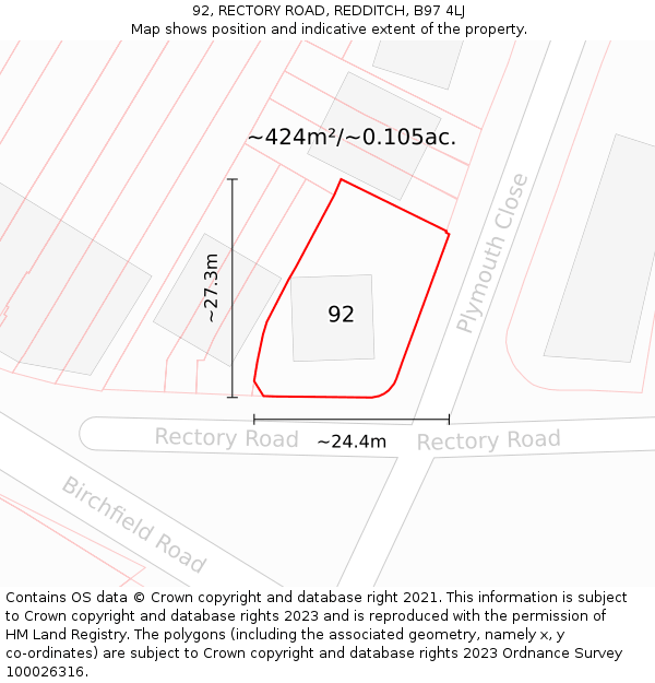 92, RECTORY ROAD, REDDITCH, B97 4LJ: Plot and title map