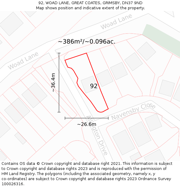 92, WOAD LANE, GREAT COATES, GRIMSBY, DN37 9ND: Plot and title map