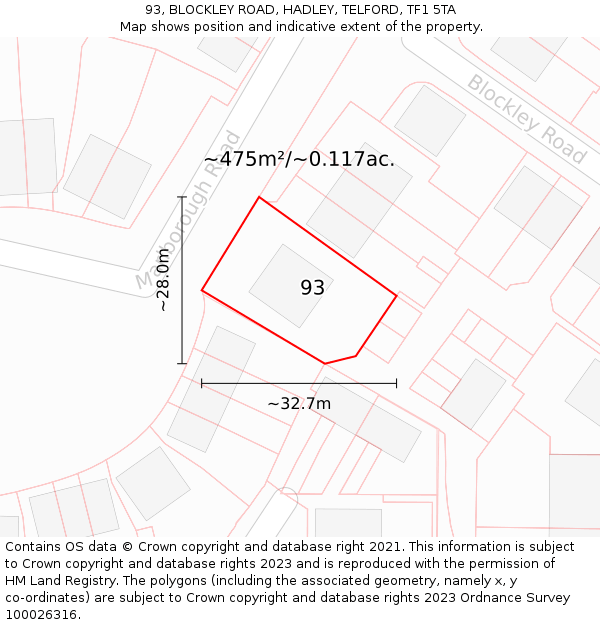 93, BLOCKLEY ROAD, HADLEY, TELFORD, TF1 5TA: Plot and title map