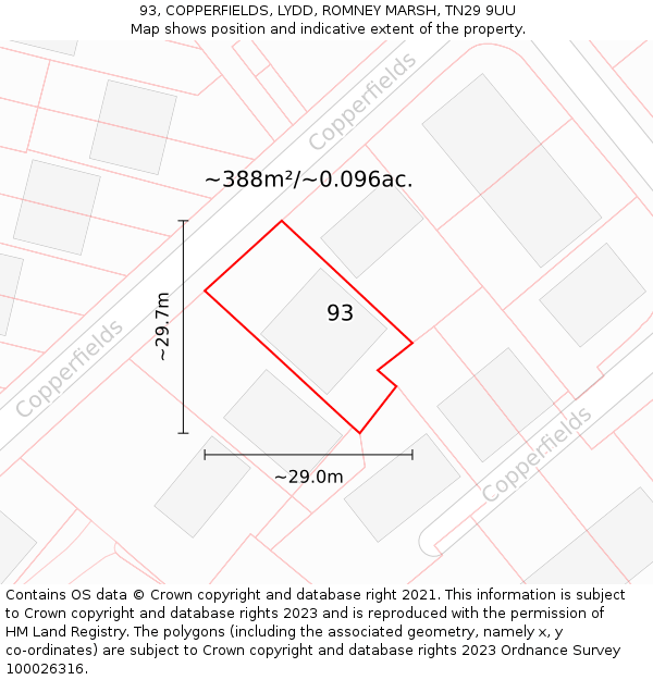 93, COPPERFIELDS, LYDD, ROMNEY MARSH, TN29 9UU: Plot and title map