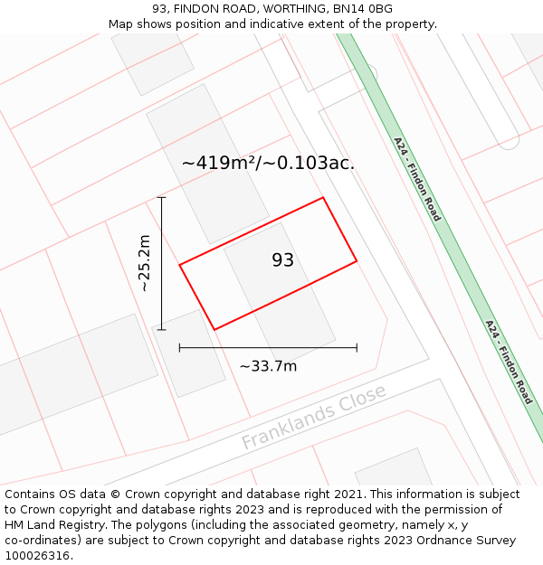 93, FINDON ROAD, WORTHING, BN14 0BG: Plot and title map