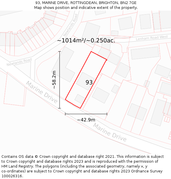 93, MARINE DRIVE, ROTTINGDEAN, BRIGHTON, BN2 7GE: Plot and title map