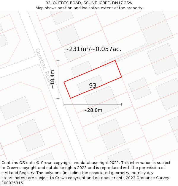 93, QUEBEC ROAD, SCUNTHORPE, DN17 2SW: Plot and title map