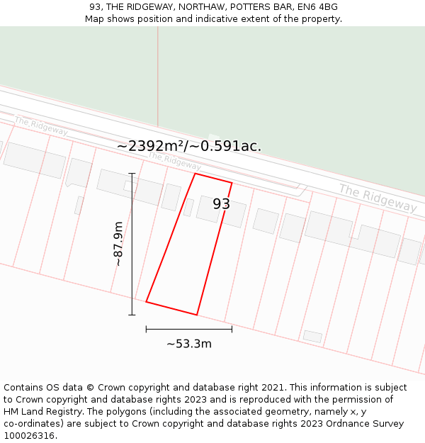 93, THE RIDGEWAY, NORTHAW, POTTERS BAR, EN6 4BG: Plot and title map