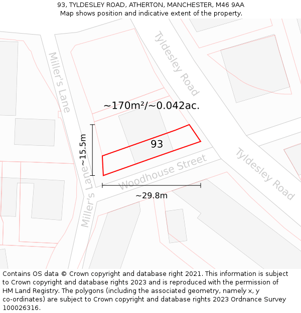 93, TYLDESLEY ROAD, ATHERTON, MANCHESTER, M46 9AA: Plot and title map