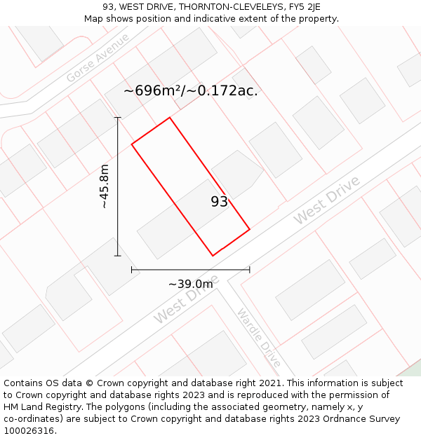 93, WEST DRIVE, THORNTON-CLEVELEYS, FY5 2JE: Plot and title map