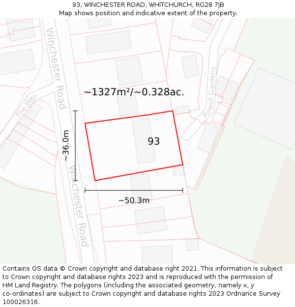 93, WINCHESTER ROAD, WHITCHURCH, RG28 7JB: Plot and title map