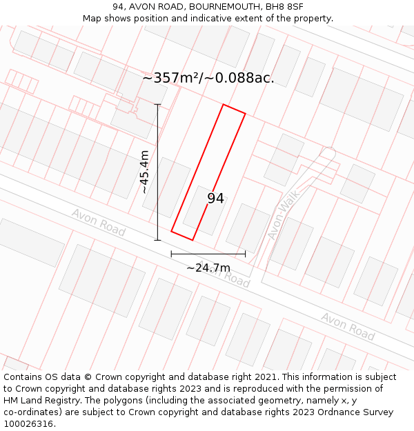 94, AVON ROAD, BOURNEMOUTH, BH8 8SF: Plot and title map