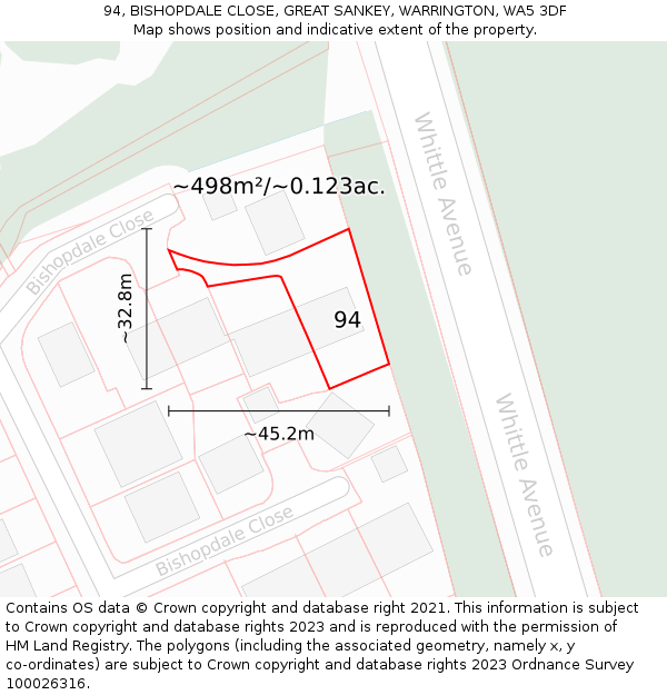 94, BISHOPDALE CLOSE, GREAT SANKEY, WARRINGTON, WA5 3DF: Plot and title map