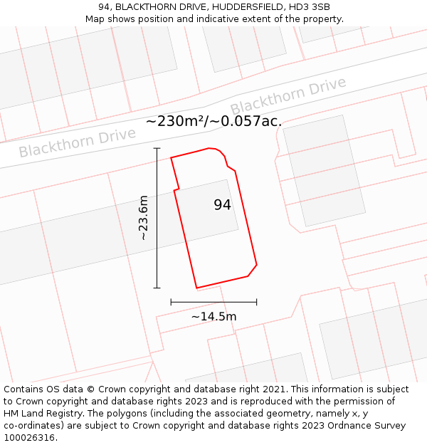 94, BLACKTHORN DRIVE, HUDDERSFIELD, HD3 3SB: Plot and title map