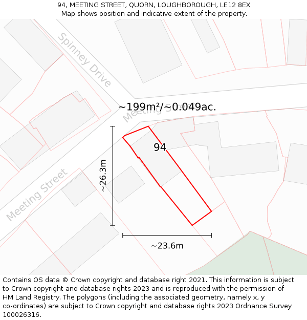 94, MEETING STREET, QUORN, LOUGHBOROUGH, LE12 8EX: Plot and title map