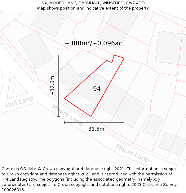 94, MOORS LANE, DARNHALL, WINSFORD, CW7 4DD: Plot and title map