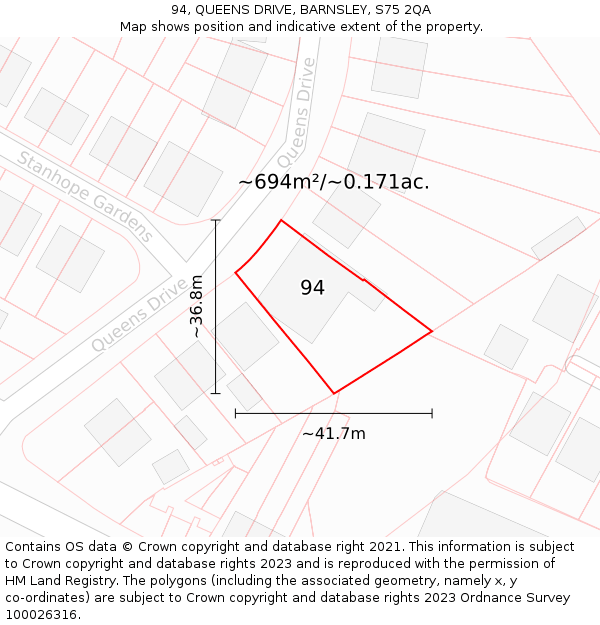 94, QUEENS DRIVE, BARNSLEY, S75 2QA: Plot and title map