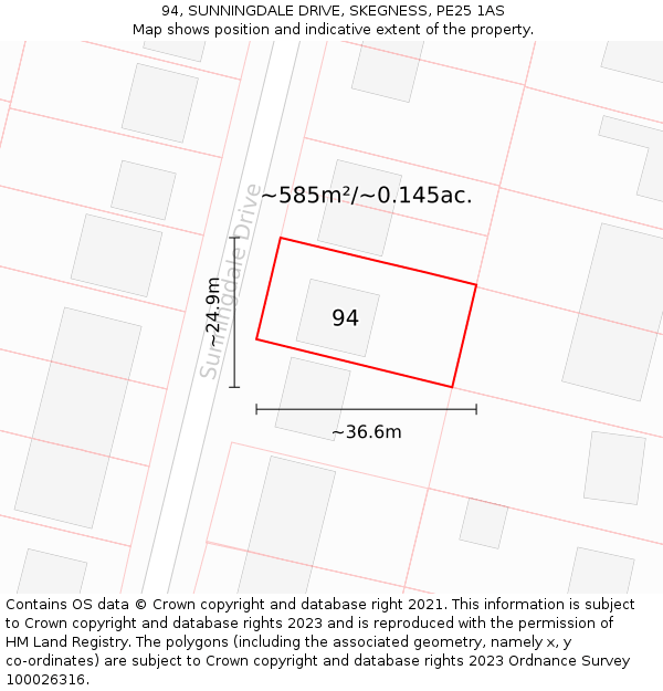 94, SUNNINGDALE DRIVE, SKEGNESS, PE25 1AS: Plot and title map