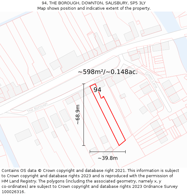 94, THE BOROUGH, DOWNTON, SALISBURY, SP5 3LY: Plot and title map