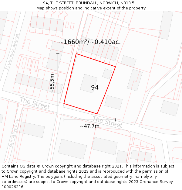 94, THE STREET, BRUNDALL, NORWICH, NR13 5LH: Plot and title map