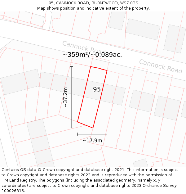 95, CANNOCK ROAD, BURNTWOOD, WS7 0BS: Plot and title map