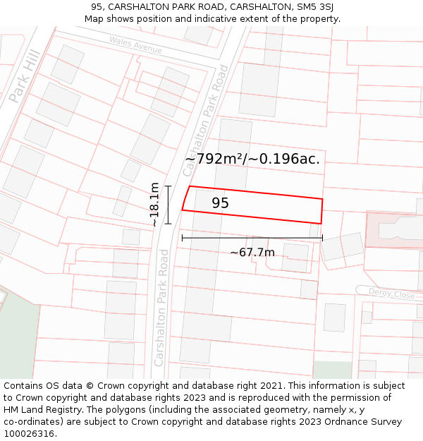 95, CARSHALTON PARK ROAD, CARSHALTON, SM5 3SJ: Plot and title map