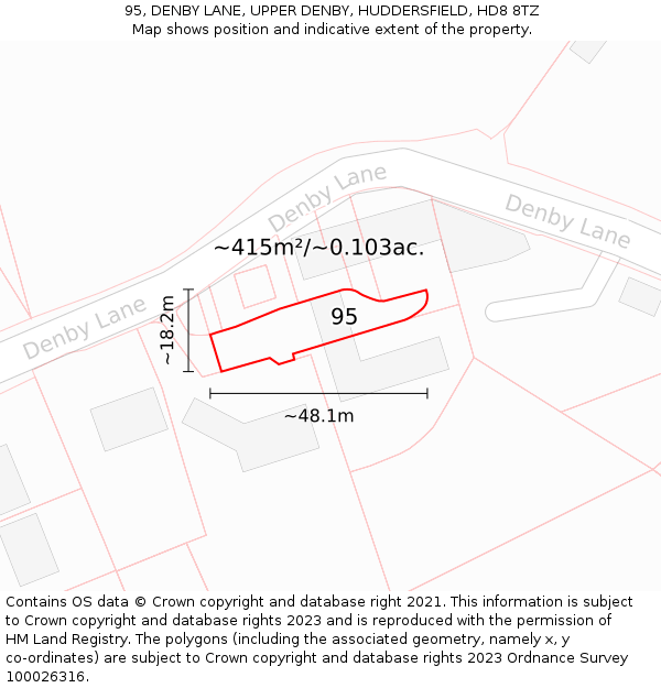 95, DENBY LANE, UPPER DENBY, HUDDERSFIELD, HD8 8TZ: Plot and title map