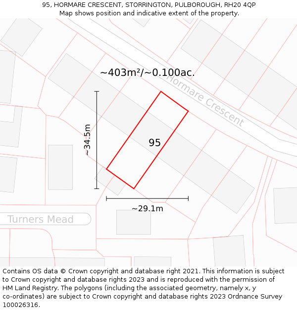 95, HORMARE CRESCENT, STORRINGTON, PULBOROUGH, RH20 4QP: Plot and title map