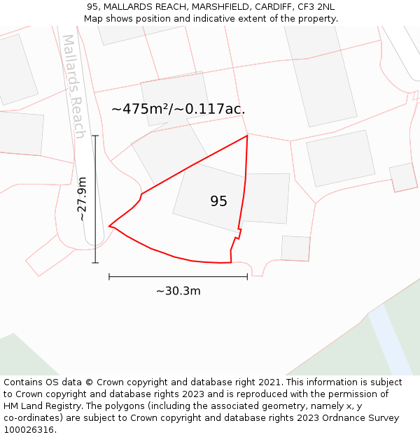 95, MALLARDS REACH, MARSHFIELD, CARDIFF, CF3 2NL: Plot and title map