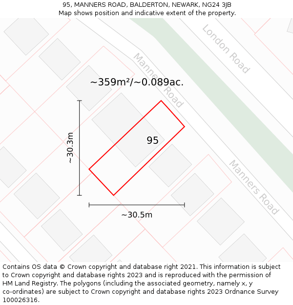 95, MANNERS ROAD, BALDERTON, NEWARK, NG24 3JB: Plot and title map