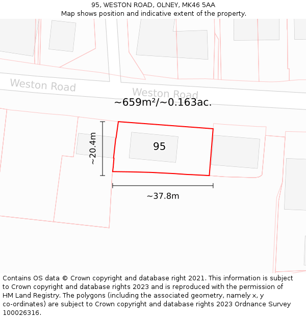 95, WESTON ROAD, OLNEY, MK46 5AA: Plot and title map