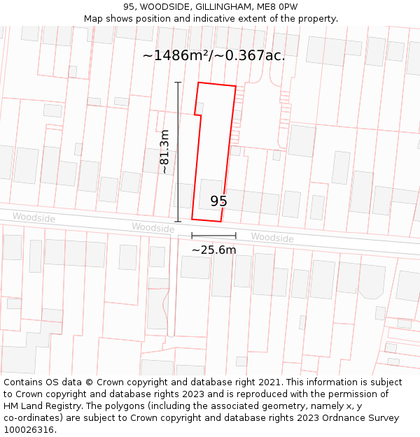 95, WOODSIDE, GILLINGHAM, ME8 0PW: Plot and title map