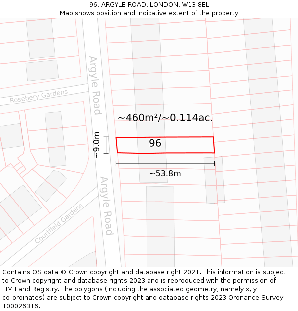 96, ARGYLE ROAD, LONDON, W13 8EL: Plot and title map