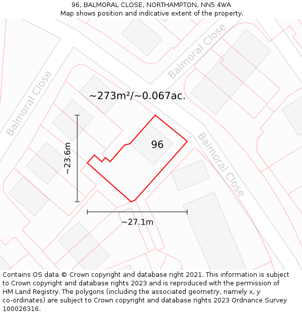 96, BALMORAL CLOSE, NORTHAMPTON, NN5 4WA: Plot and title map