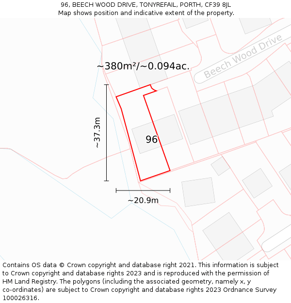 96, BEECH WOOD DRIVE, TONYREFAIL, PORTH, CF39 8JL: Plot and title map