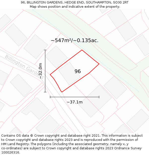 96, BILLINGTON GARDENS, HEDGE END, SOUTHAMPTON, SO30 2RT: Plot and title map