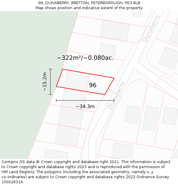 96, DUNSBERRY, BRETTON, PETERBOROUGH, PE3 8LB: Plot and title map