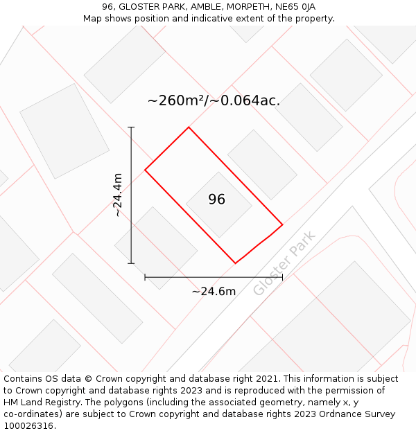 96, GLOSTER PARK, AMBLE, MORPETH, NE65 0JA: Plot and title map