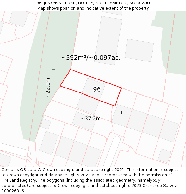 96, JENKYNS CLOSE, BOTLEY, SOUTHAMPTON, SO30 2UU: Plot and title map