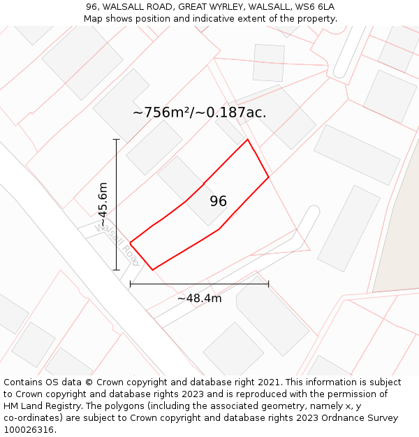 96, WALSALL ROAD, GREAT WYRLEY, WALSALL, WS6 6LA: Plot and title map