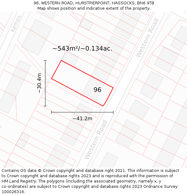 96, WESTERN ROAD, HURSTPIERPOINT, HASSOCKS, BN6 9TB: Plot and title map