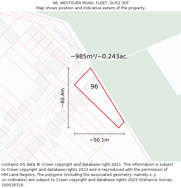 96, WESTOVER ROAD, FLEET, GU51 3DF: Plot and title map