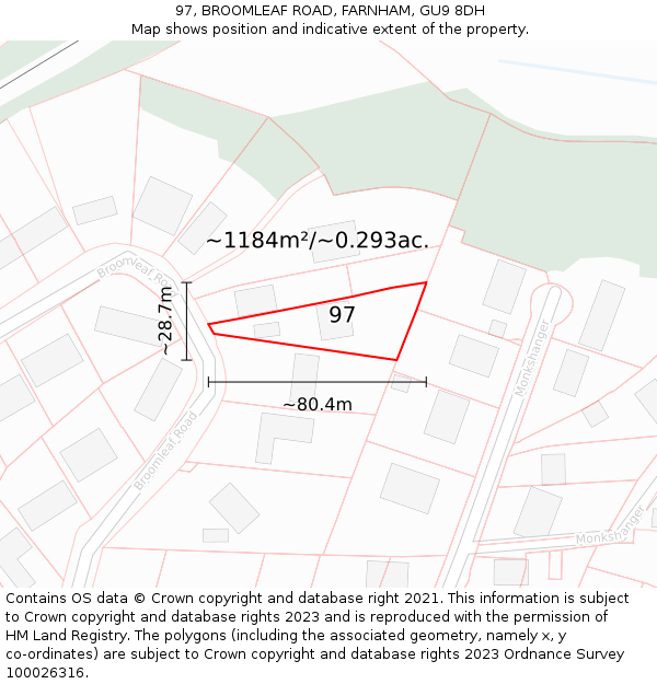 97, BROOMLEAF ROAD, FARNHAM, GU9 8DH: Plot and title map