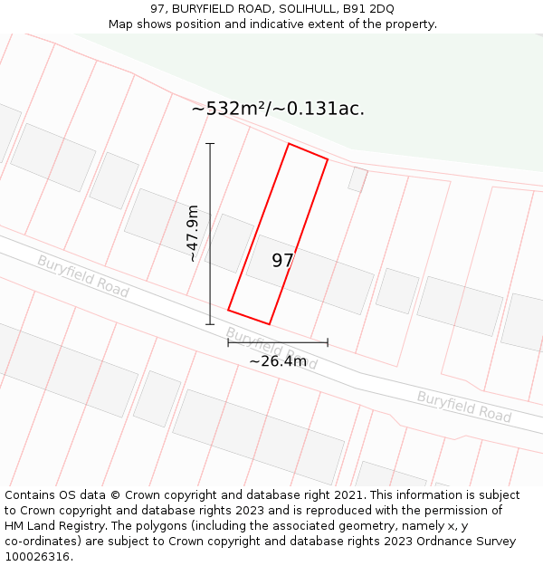 97, BURYFIELD ROAD, SOLIHULL, B91 2DQ: Plot and title map