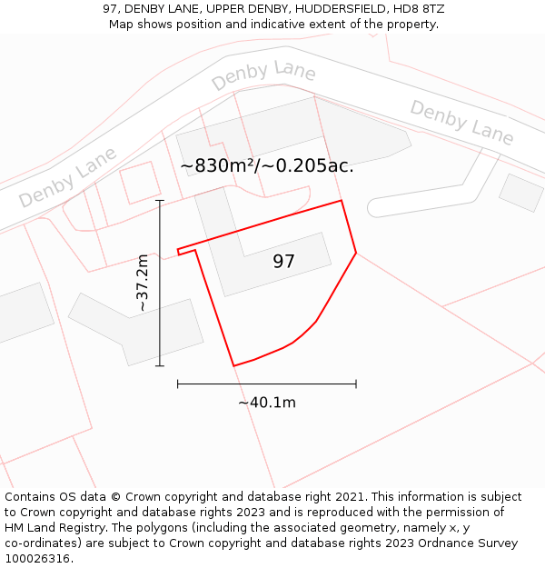 97, DENBY LANE, UPPER DENBY, HUDDERSFIELD, HD8 8TZ: Plot and title map