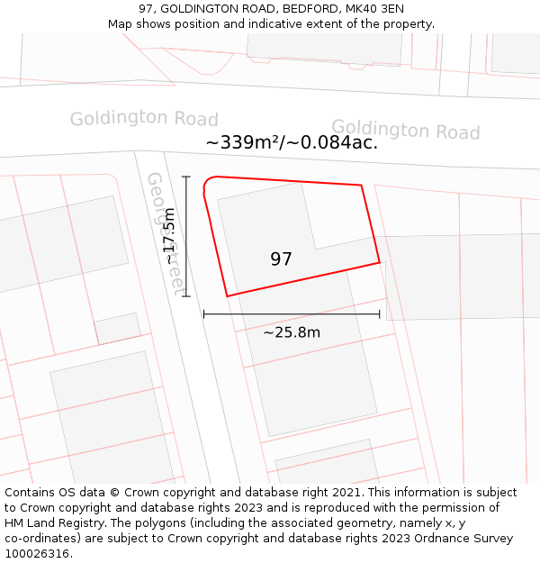 97, GOLDINGTON ROAD, BEDFORD, MK40 3EN: Plot and title map