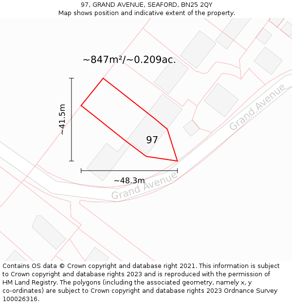 97, GRAND AVENUE, SEAFORD, BN25 2QY: Plot and title map