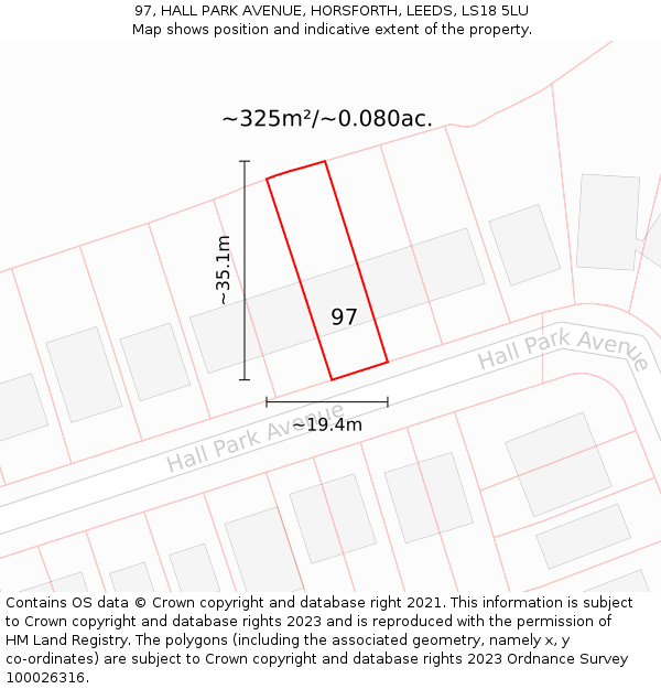 97, HALL PARK AVENUE, HORSFORTH, LEEDS, LS18 5LU: Plot and title map