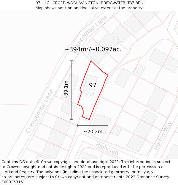 97, HIGHCROFT, WOOLAVINGTON, BRIDGWATER, TA7 8EU: Plot and title map