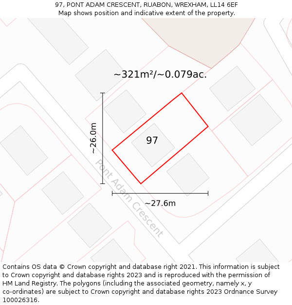 97, PONT ADAM CRESCENT, RUABON, WREXHAM, LL14 6EF: Plot and title map